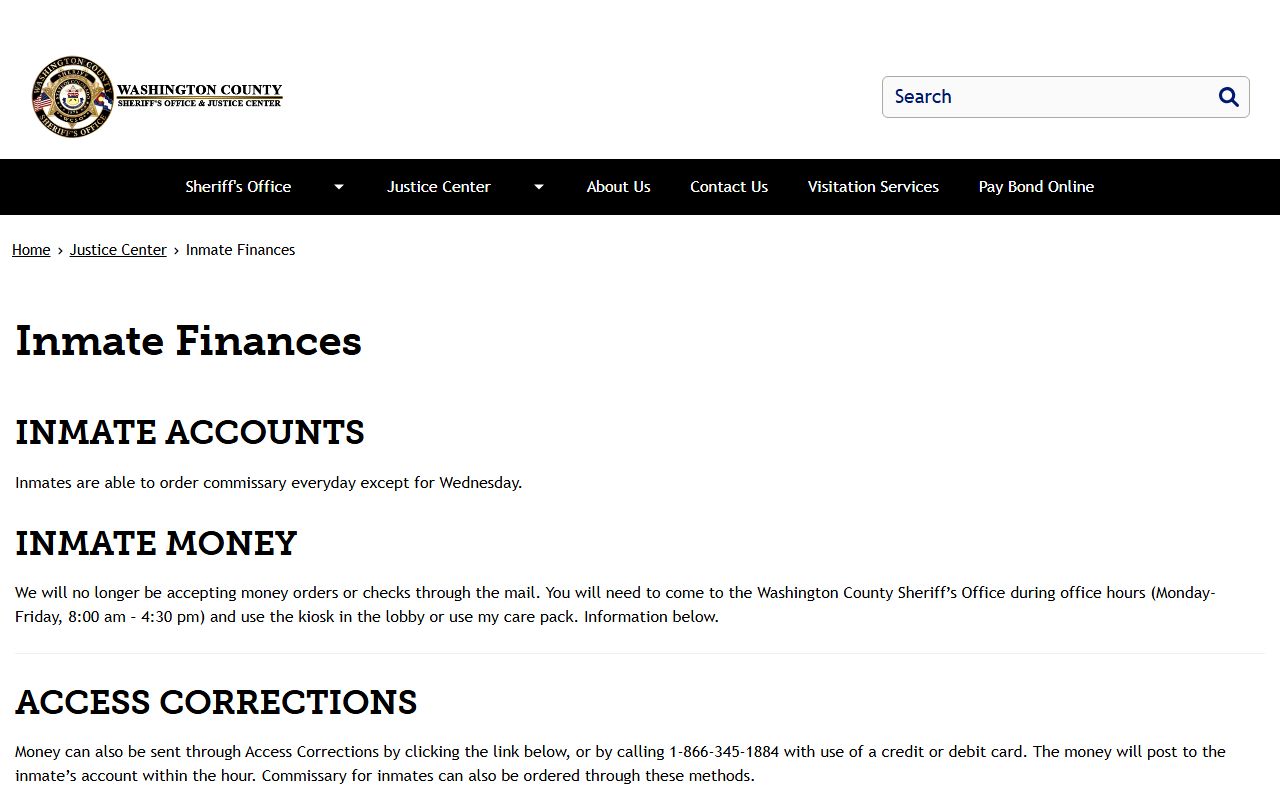 Washington County Justice Center inmate finances and money service page