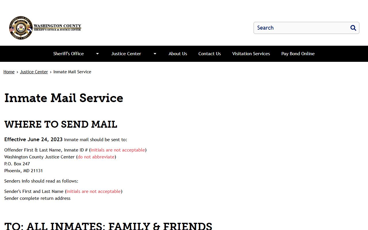 Washington County Justice Center inmate mail-service instructions